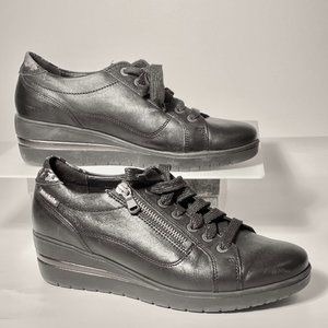 Mobils(branch of Mefisto) Comfortable Black Leather Lace-up Wedges with Zipper